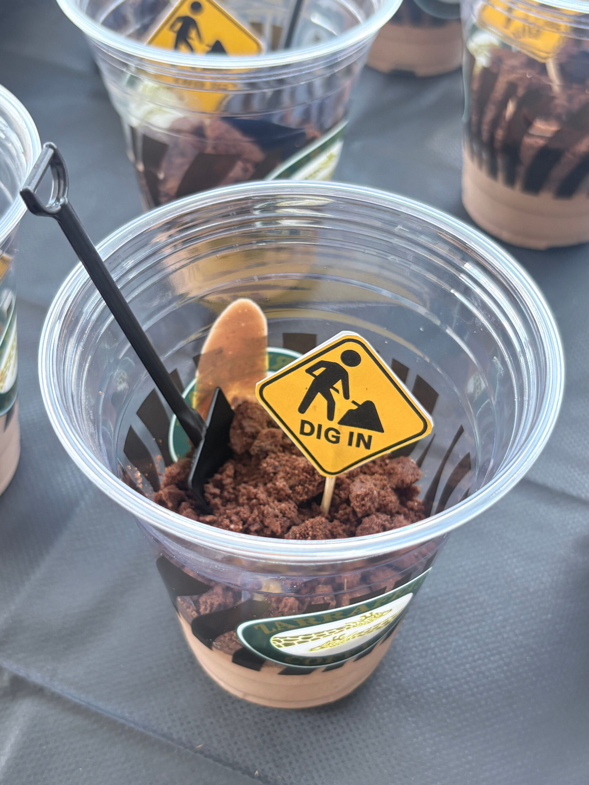 Construction Truck Party Food Ideas Kids Will Love Dirt Cups CU Inside with Shovel Spoon and Dig in Sign