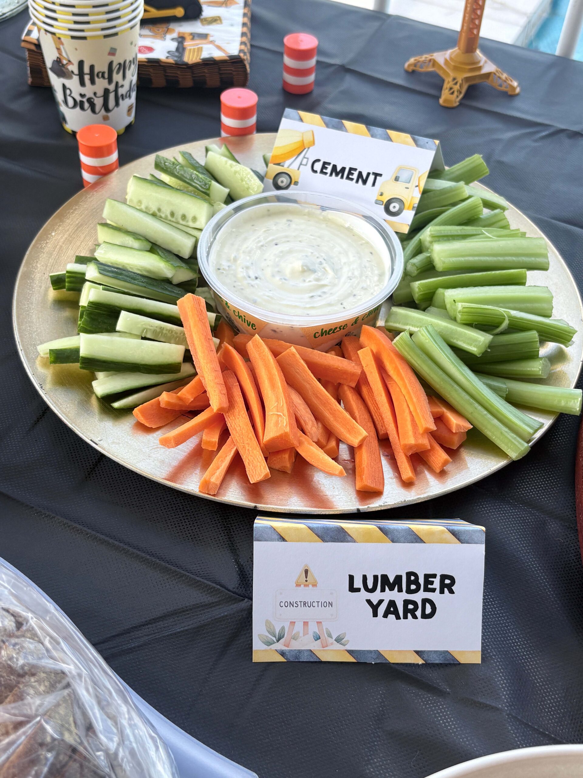 Construction Truck Party Food Ideas Kids Will Love Lumber Yard and Cement (Veggies and Dip)