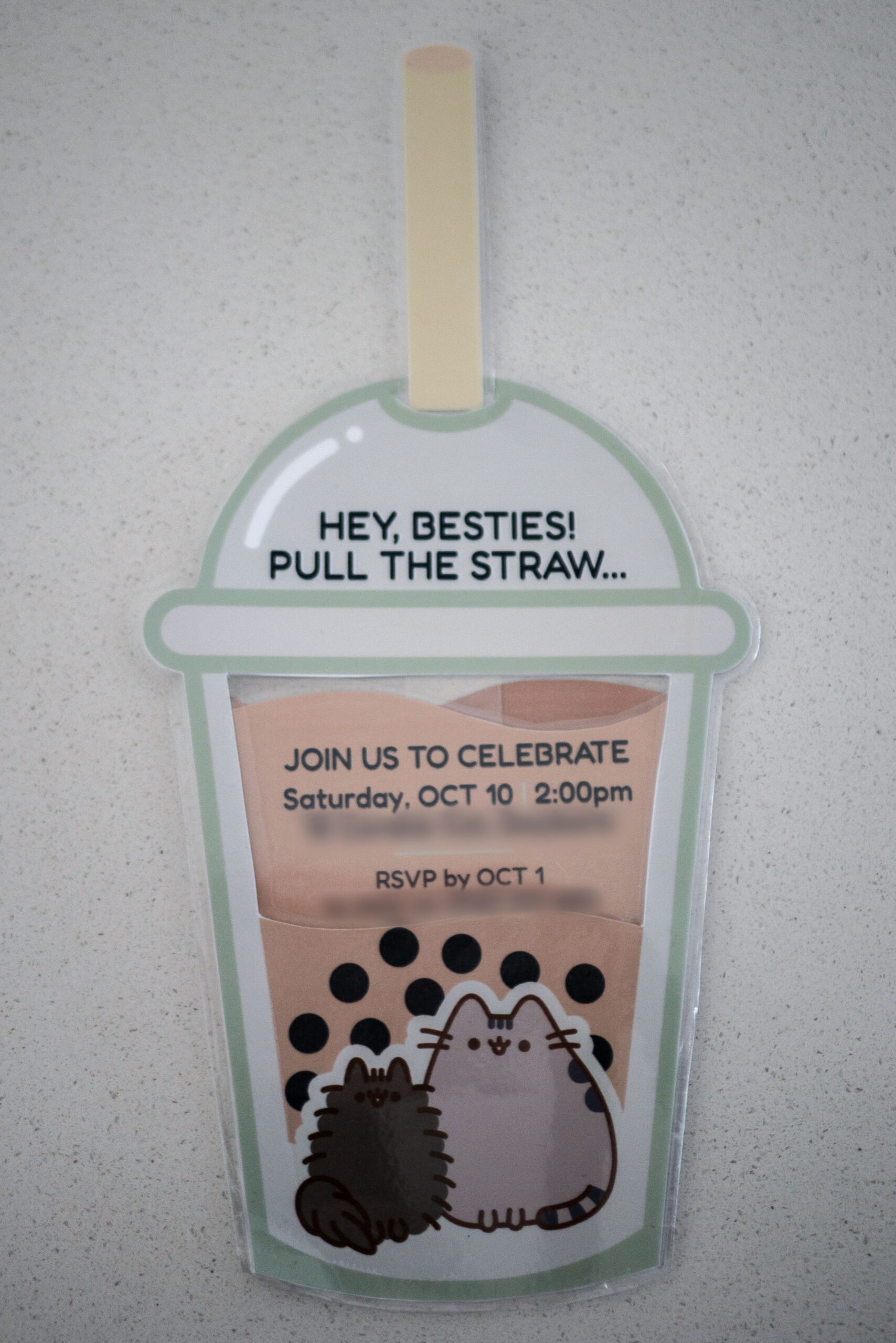 Pusheen Birthday Party Invite Straw Pulled Up to Reveal Details scaled
