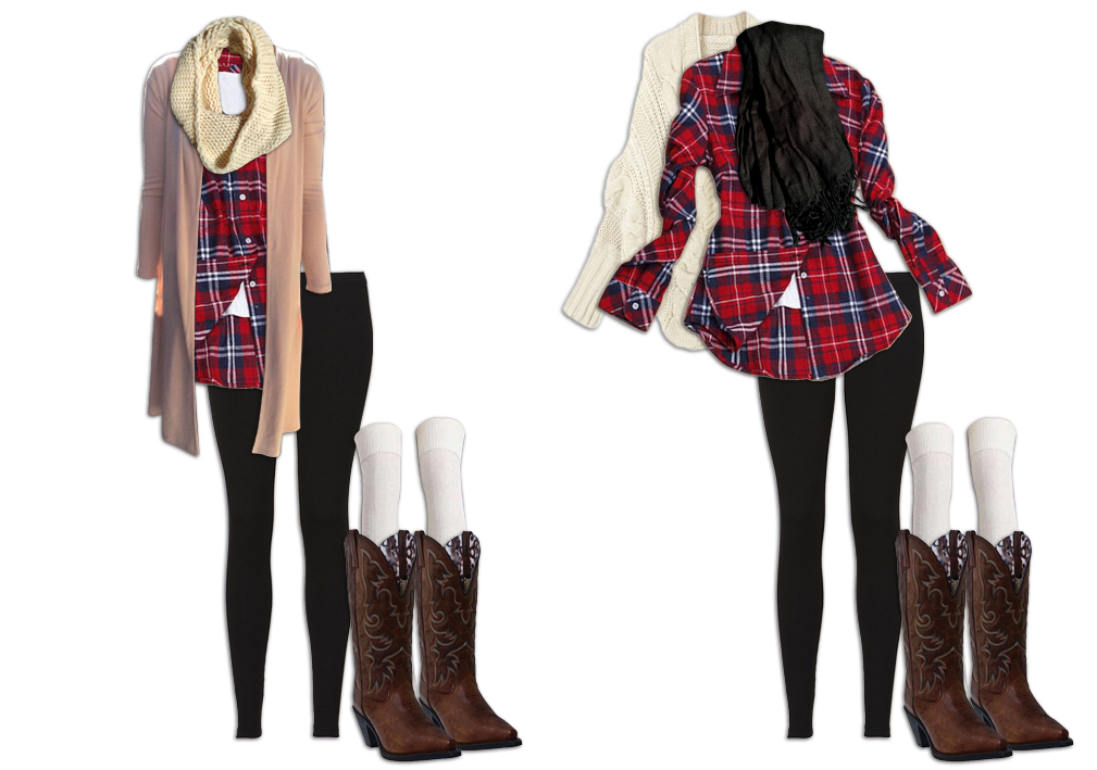 Leggings Outfit with Plaid Shirt and Neutral Scarf