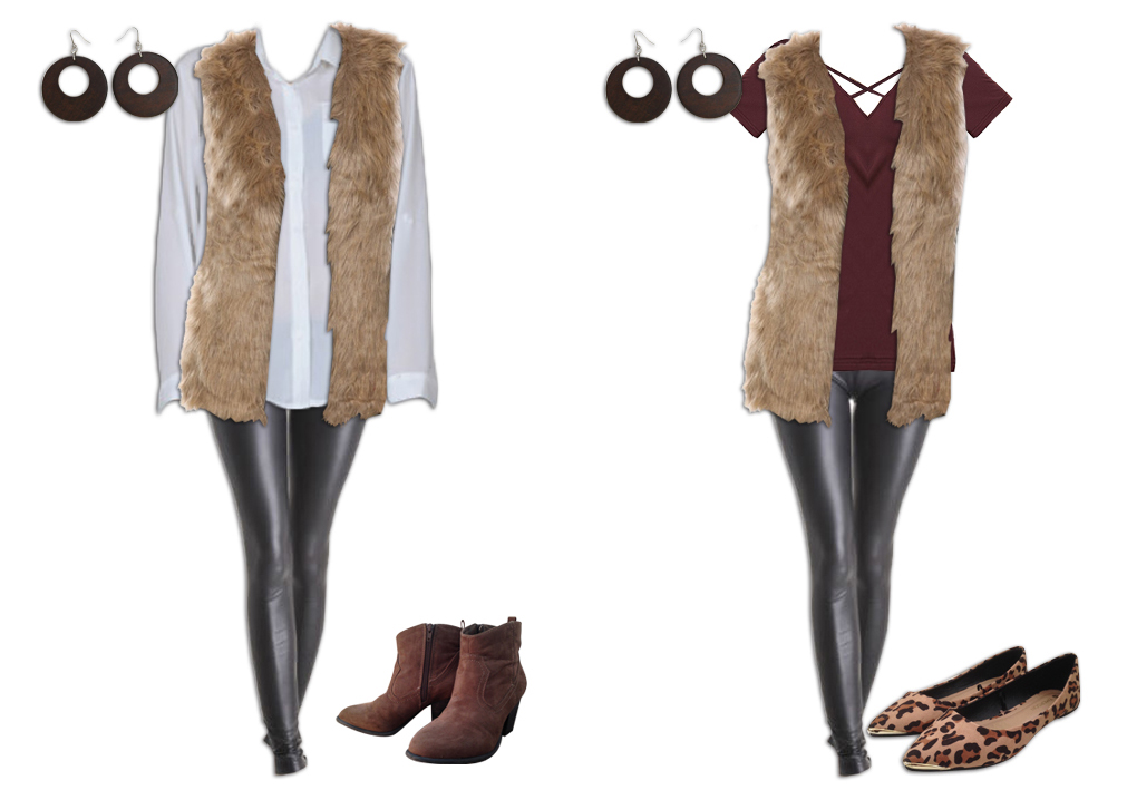 Leggings Outfit with a Long Fur Vest