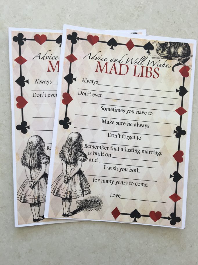 Alice in Wonderland Advice Mad Libs Bridal Shower Games 1