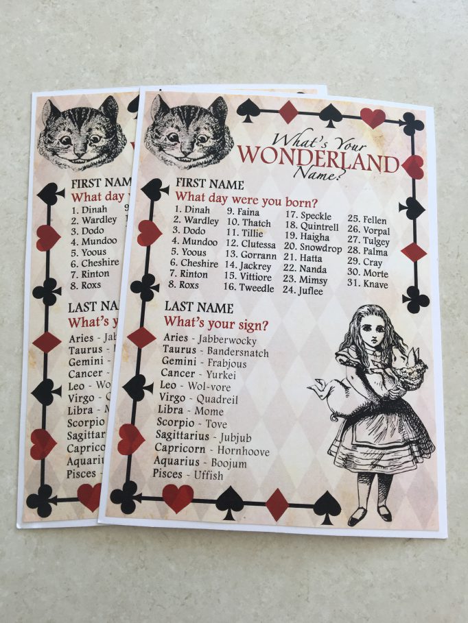 Alice in Wonderland Name Bridal Shower Games