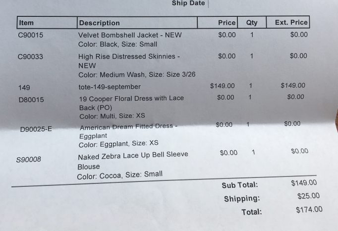 Golden Tote September 2017 Packing Slip