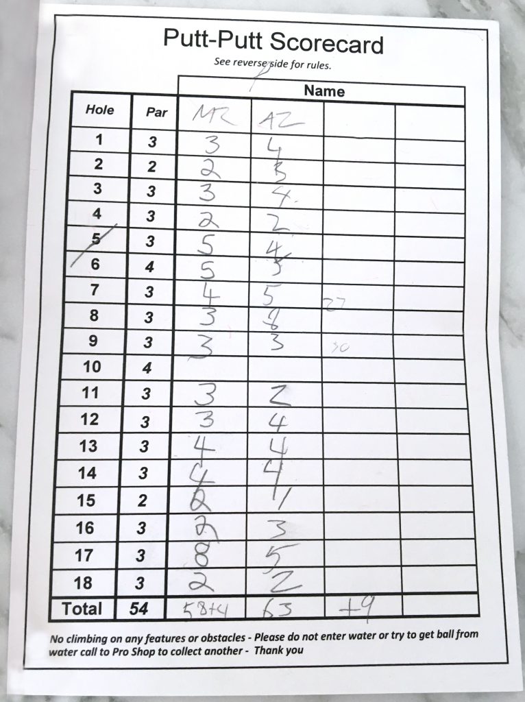 Putt Putt Score Card