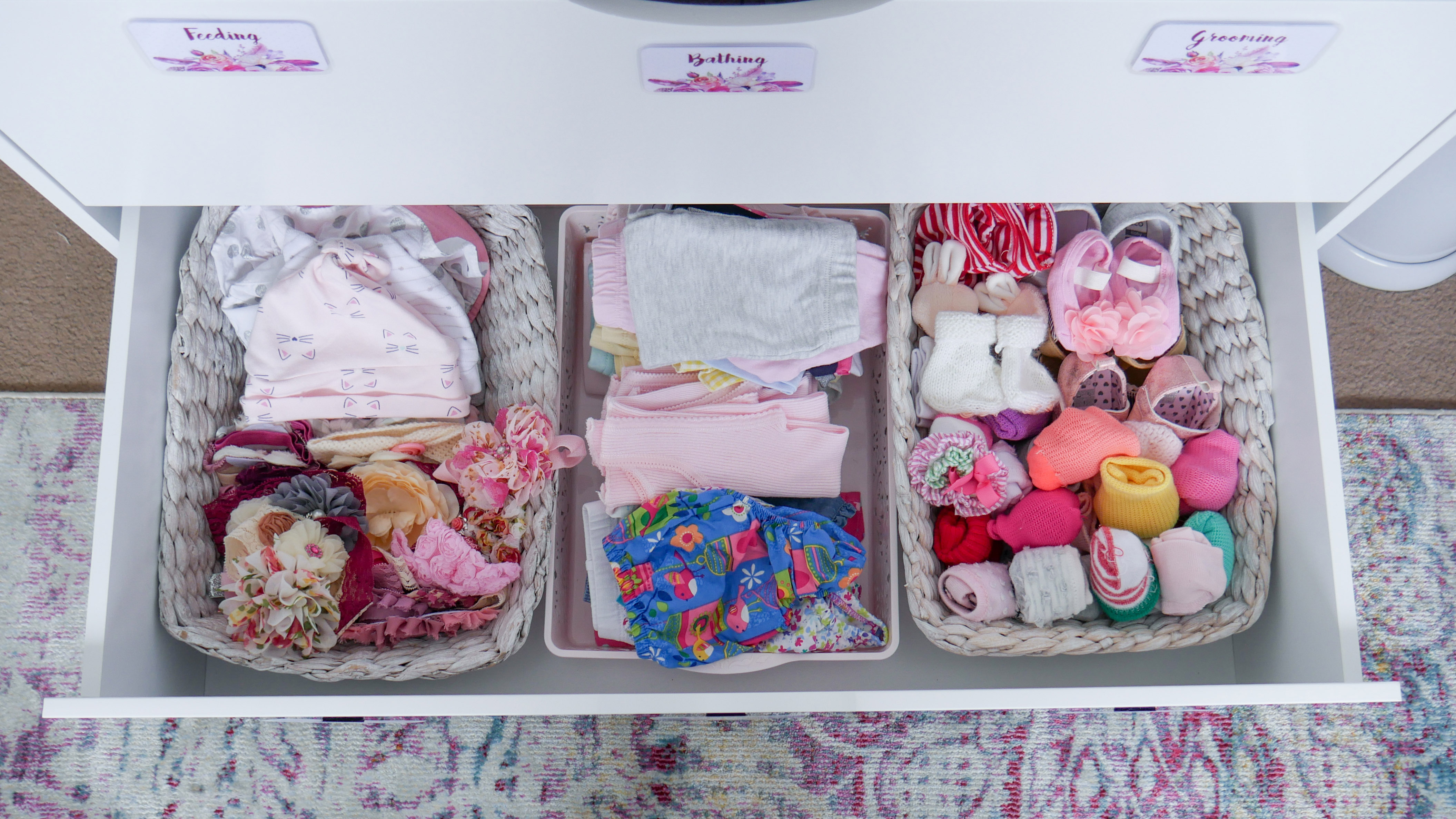 Floral Baby Nursery Reveal Change Table Bottom Drawer Organisation