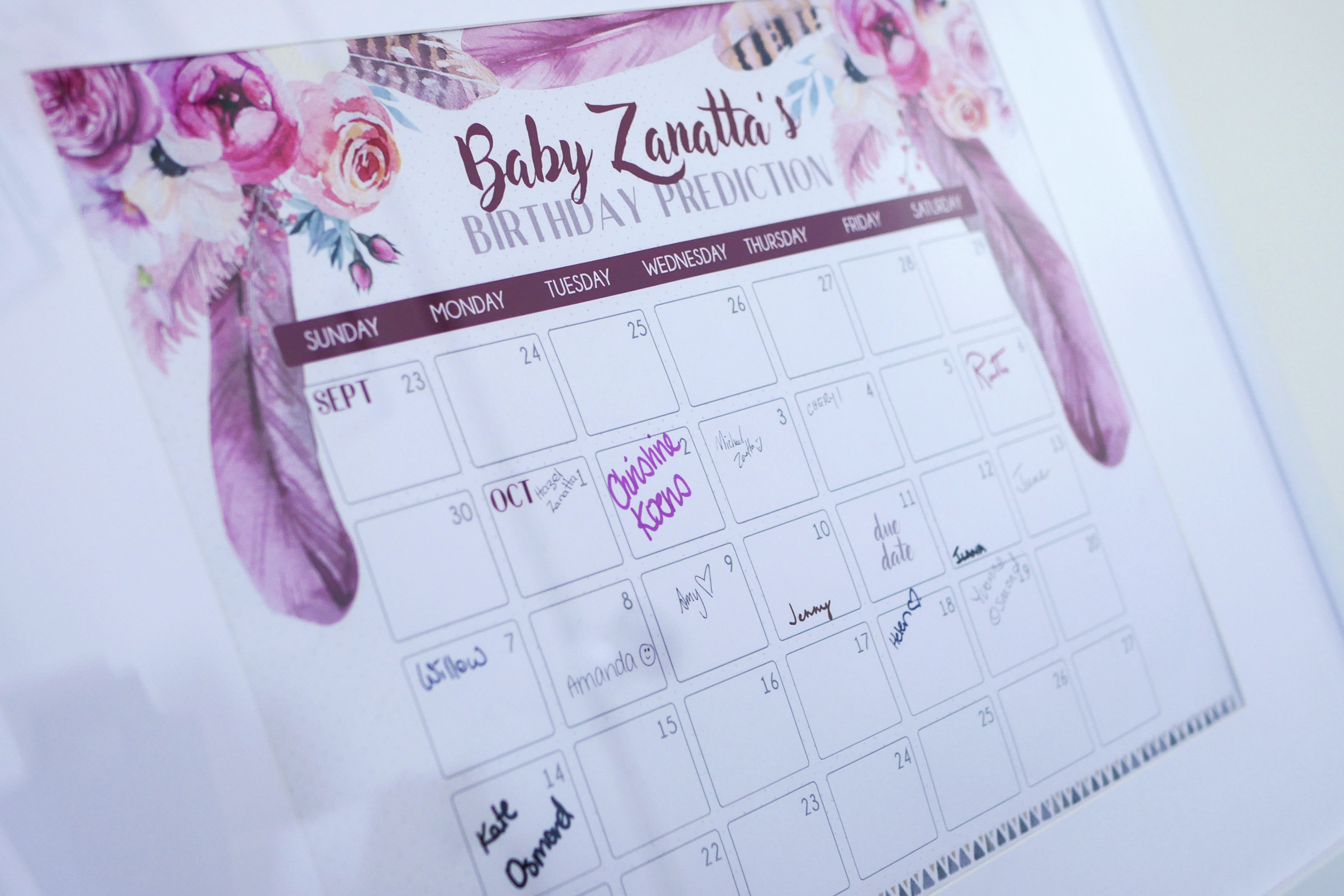Floral Baby Shower Birthday Prediction Calendar 2