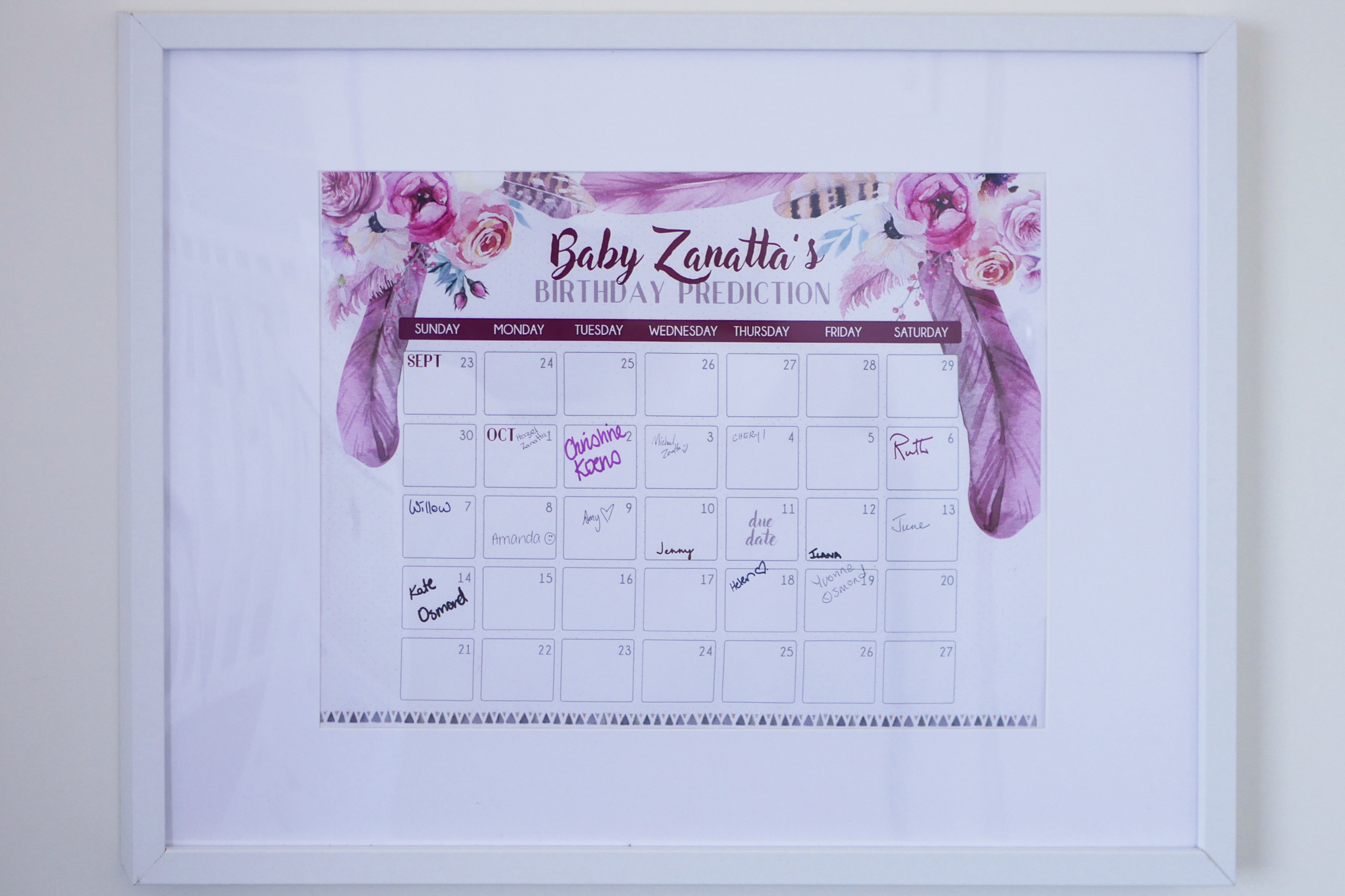 Floral Baby Shower Birthday Prediction Calendar Wide