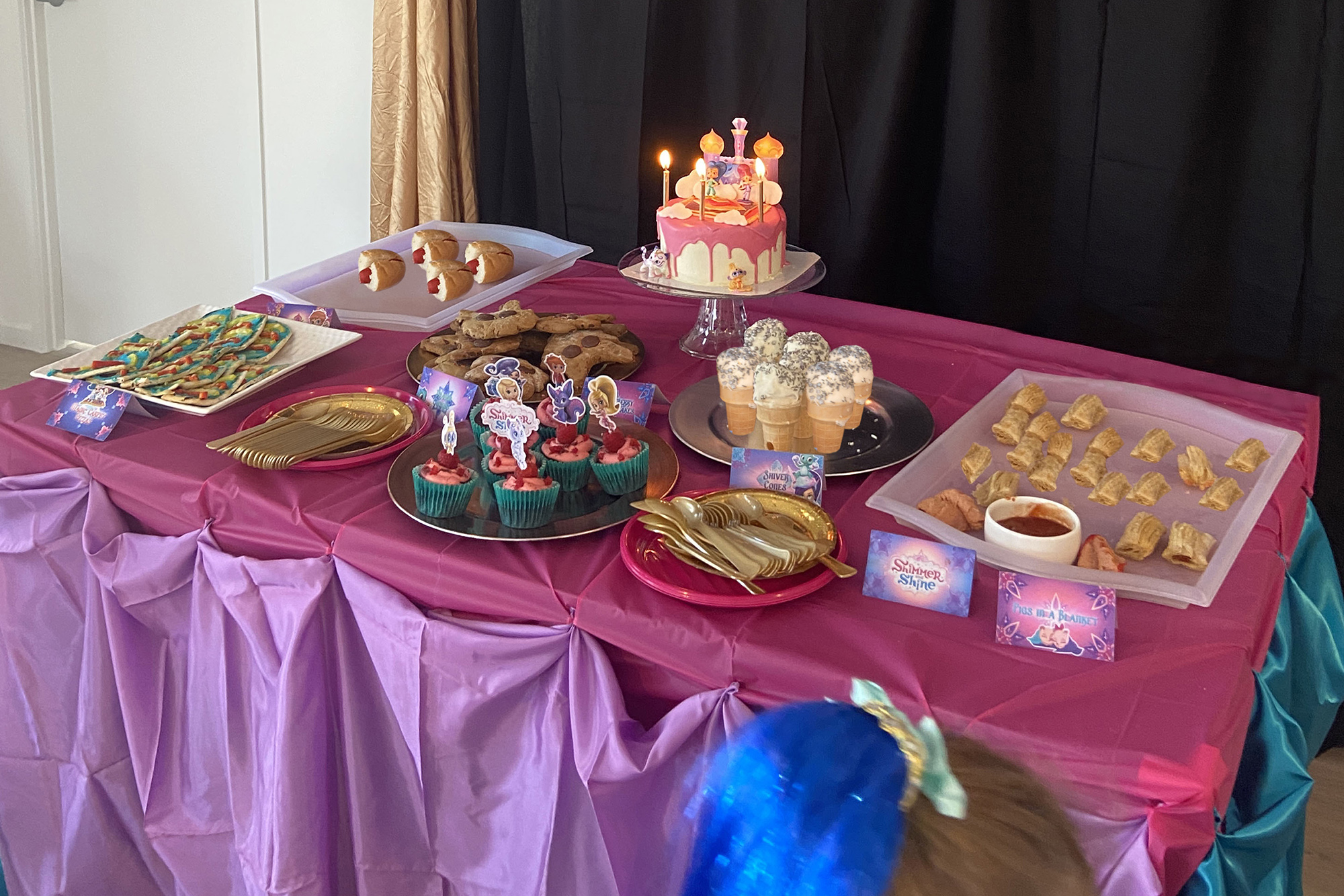 Shimmer and Shine Birthdasy Party Food Table with Cake Lit