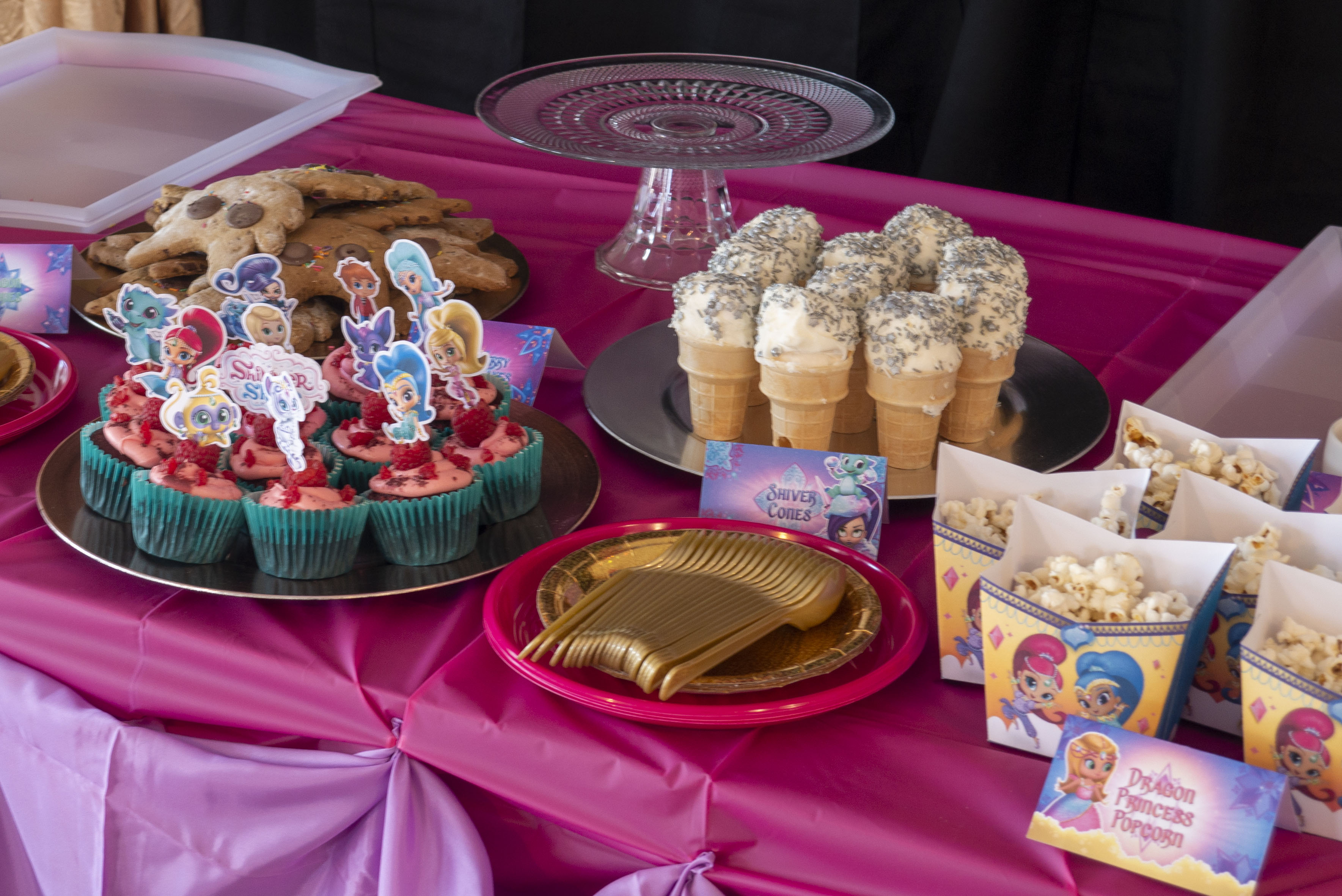 Shimmer and Shine Birthday Party Food Table - Shiver Cones, Frizzleberry Sparkle Cakes and Popcorn