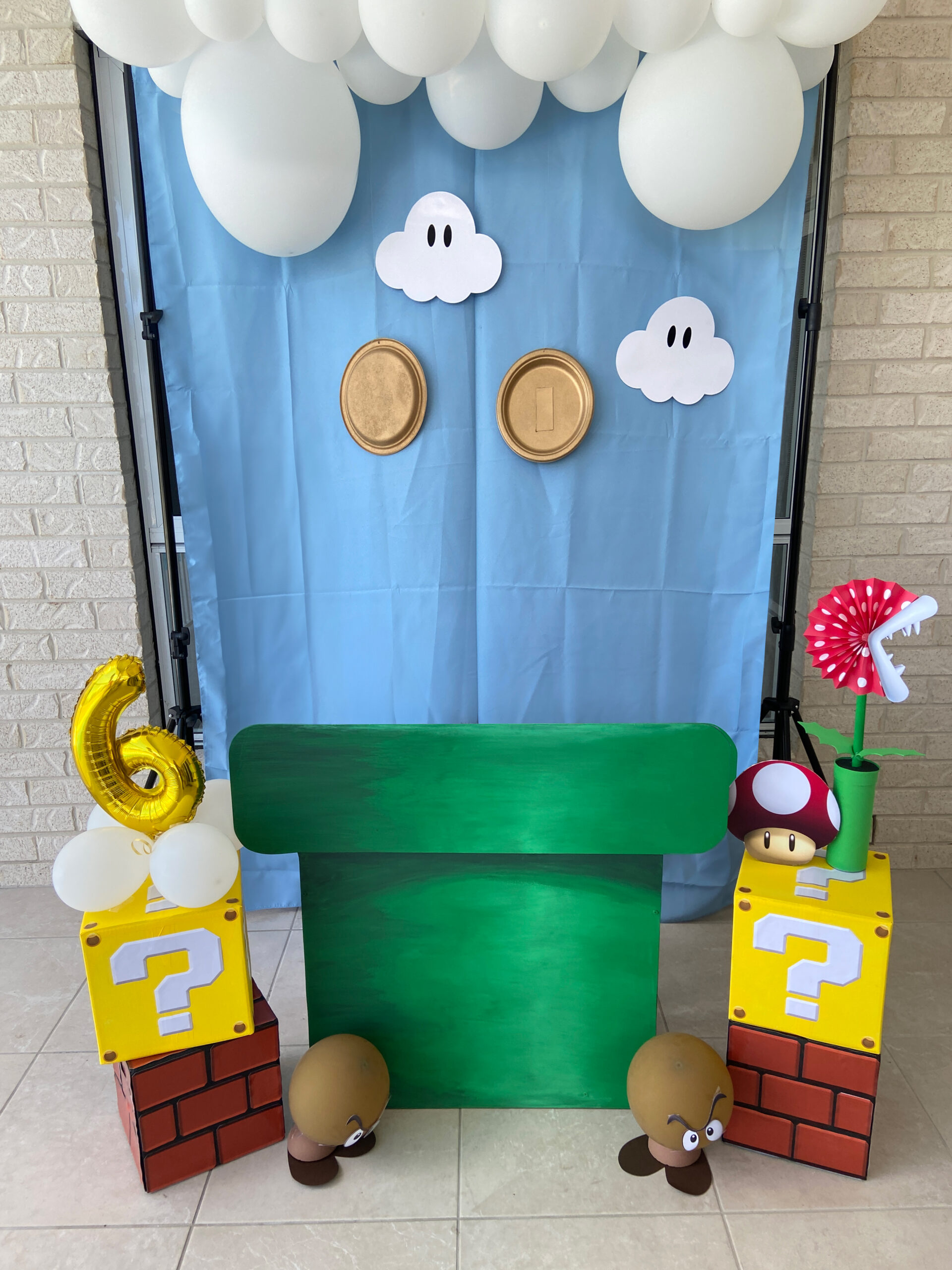 Super Mario Photobooth Backdrop with Lifesize Wrap Pipe